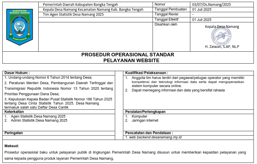 STANDAR OPERASIONAL PROSEDUR PELAYANAN DATA VIA WEBSITE